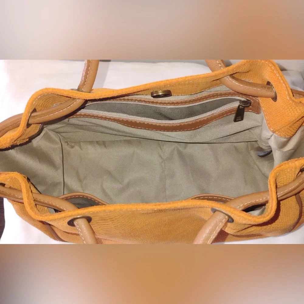 Sundance Suede/ Leather Snake Embossed Orange Textured Tote with Cognac Handles